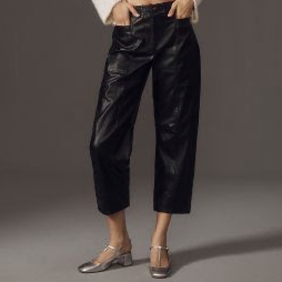 Anthropologie Maeve Black Faux Leather Barrel Pants Size 12 Tall